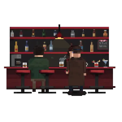 Animation: Nathan and another man at the bar, seen from behind.