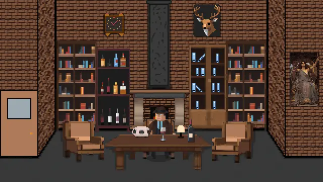 Animation: Nathan takes a phone call in his office, lit by a fireplace.