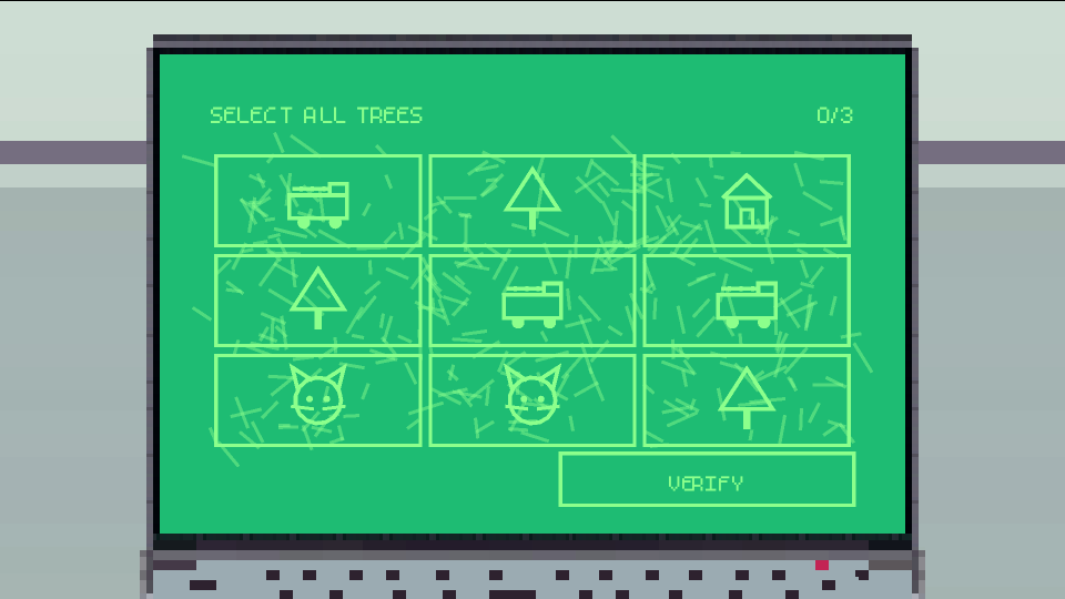 A CRT terminal running a select-all-trees verification puzzle.