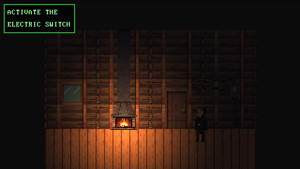 A dark cabin lit only by a fireplace, with the electric switch on the far wall.