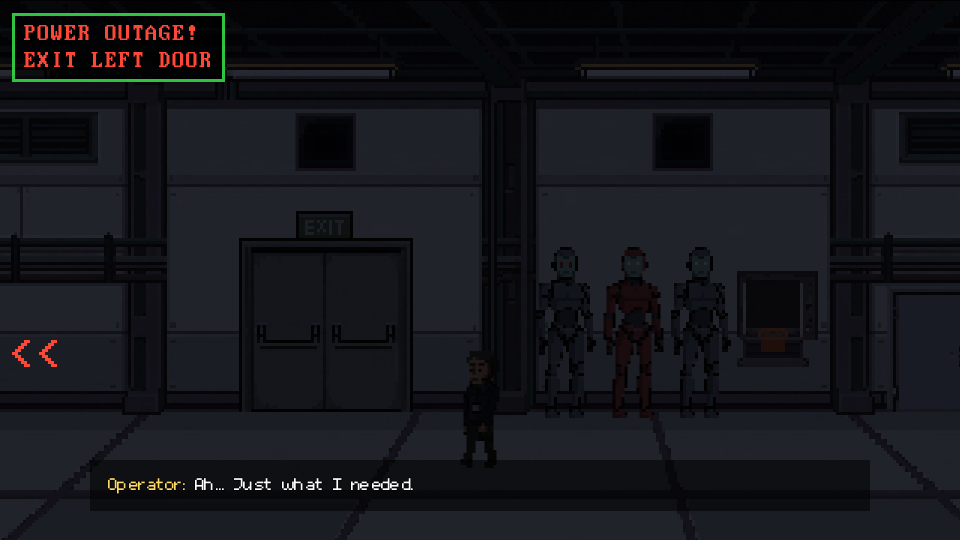 A power outage in the factory, an exit sign glowing over the left door.
