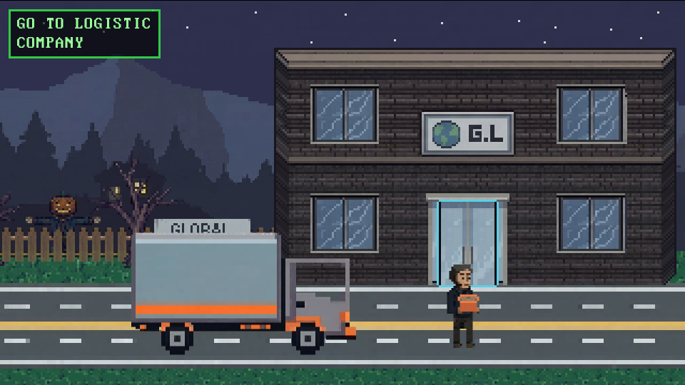 Pixel Nightshift: a delivery truck parked outside a dark logistics building at night.